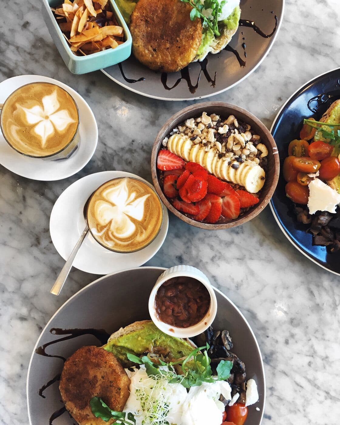 Colourful brunch spread at a Bali cafe